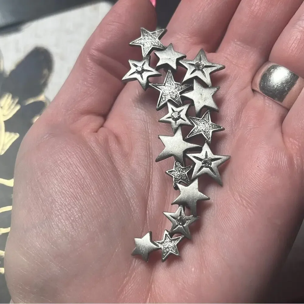 Vintage 80s 1980s Large J J Jonette Silver Star Crystal Brooch Pin D2